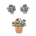 A set of 18ct gold diamond and enamel floral jewellery. The brooch designed as a woven basket