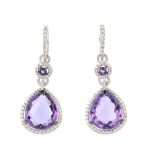 A pair of 18ct gold amethyst and diamond earrings. Each designed as a pear-shape amethyst and