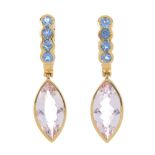 A pair of 18ct gold morganite and aquamarine earrings. Each designed as a marquise-shape morganite