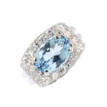 An 18ct gold aquamarine and diamond dress ring. The oval-shape aquamarine, within a pave-set diamond