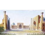 A collection of assorted rugs and pictures. To include an oil painting of an Eastern temple, 12 x