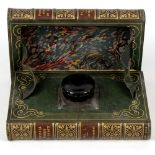 A novelty book-form inkwell. Formed as two gilt-tooled green hide volumes of 'Poetical Works of