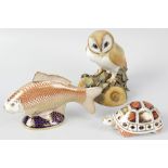 Three Royal Crown Derby porcelain animals, Comprising a carp, 7, (18cm) long, a tortoise, 4.5, (11.