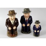 Three rare Royal Doulton 'Cliff Cornell' character jugs. Comprising large and medium, each with blue