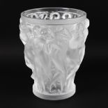 A Lalique moulded frosted glass Bacchantes vase, of tapering cylindrical form, decorated with female