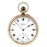 An open face pocket watch by J.W Benson. 9ct yellow gold case, hallmarked London 1933. Signed