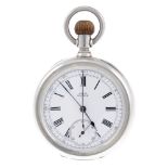 An open face chronograph pocket watch by Waltham. White metal case, numbered 9183. Signed keyless