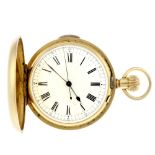A full hunter repeater pocket watch. Yellow metal case with engraved monograms to front cover and