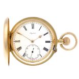 A full hunter pocket watch. 18ct yellow gold case, hallmarked Chester 1935. Numbered 22170. Unsigned