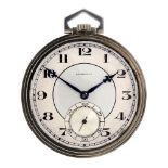 An open face pocket watch by Longines. White metal case. Numbered 4316768. Signed keyless wind