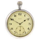 A military pocket watch by Rolex. Nickel plated base metal case with British broad arrow to case