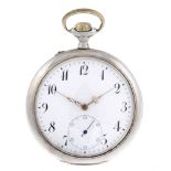 An open face pocket watch by IWC. Continental white metal case with engraved cuvette, stamped 0,