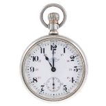 An open face railway grade pocket watch by Ball. White metal case, numbered 7340. Signed keyless