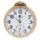 An open face railway grade pocket watch by Ball. Gold filled case, numbered 987267. Signed keyless