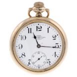 An open face railway grade pocket watch by Ball. Gold plated case with decorated case back and