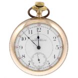 An open face pocket watch by Waltham. Gold filled case with decoration to case back, numbered