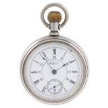 An open face pocket watch for the Canadian Railway Time Service by Waltham. White metal case,