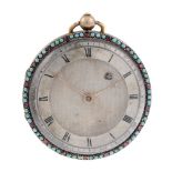 An open face pocket watch. Ruby and turquoise set rose metal case with enamel detailing to case