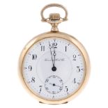 An open face railway grade pocket watch by Hamilton. Gold plated case, numbered 822189. Signed