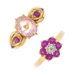Two gem-set rings and a pair of earrings. To include a diamond and ruby floral cluster ring, a