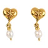 A pair of 18ct gold cultured pearl earrings. Each designed as a cultured pearl drop, suspended