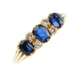 An 18ct gold sapphire and diamond ring. Comprising three oval-shape sapphires, with brilliant-cut