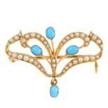 An Edwardian 15ct gold turquoise and split pearl brooch. The oval turquoise cabochon, suspended from