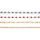 Four 9ct gold gem-set bracelets. To include an opal cabochon bracelet with openwork foliate spacers,