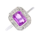 A sapphire and diamond cluster ring. The rectangular-shape pink sapphire, within a brilliant and