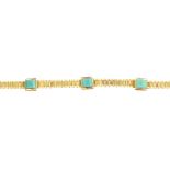 An aventurine quartz bracelet. Designed as three rectangular aventurine quartz cabochons, to the