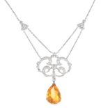 An 18ct gold citrine and diamond necklace. The pear-shape citrine, suspended from a brilliant-cut