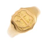 A signet ring. With embossed anchor motif and tapered shoulders. Ring size I. Weight 5.2gms. Overall