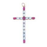 An aquamarine and ruby cross pendant. The oval-shape aquamarine cross, with oval ruby cabochon