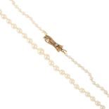 A cultured pearl single-strand necklace, with 9ct gold clasp. Comprising a graduated series of