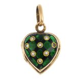 An early 20th century 18ct gold enamel locket. Of heart-shape outline, with green and black