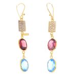 A pair of diamond and gem-set earrings. Each designed as an oval-shape blue topaz and garnet line,