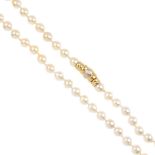 A cultured pearl necklace. Comprising ninety-nine cultured pearls, measuring approximately 7.5mms,