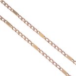 A 9ct gold necklace. Designed as a flat curb-link chain, with polished bar spacers and push-piece