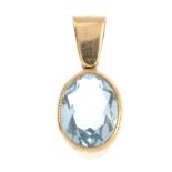 An aquamarine pendant. The oval-shape aquamarine collet, suspended from a tapered surmount. Length