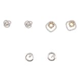 Three pairs of gold diamond stud earrings. To include a pair of 18ct gold earrings designed as two