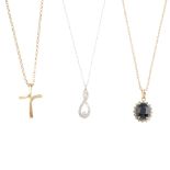 A selection of gem-set pendants. To include a 9ct gold diamond openwork pendant, a 9ct gold sapphire