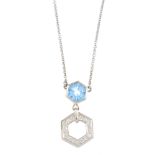 An 18ct gold topaz and diamond pendant. The hexagonal-shape blue topaz and pave-set diamond drop,