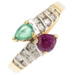 An 18ct gold ruby, emerald and diamond crossover ring. The brilliant-cut diamond double lines,