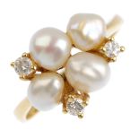 A cultured pearl and diamond ring. The cultured pearl quatrefoil, with brilliant-cut diamond