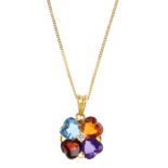 A diamond and multi-gem pendant. The brilliant-cut diamond, within a heart-shape citrine, blue