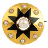 A late Victorian gold, cultured pearl and enamel brooch, circa 1870. The cultured pearl, within a