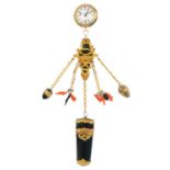 An 18th century bloodstone chatelaine with etui and watch. The gold Rococo mounted bloodstone
