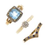 Three 9ct gold diamond and gem-set rings. To include a blue topaz and diamond cluster ring, a