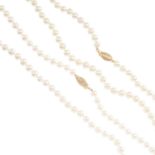 Three cultured pearl necklaces and three bracelets. To include three cultured pearl single-strand
