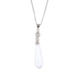 A diamond and gem-set pendant. The rose quartz briolette, suspended from a brilliant-cut diamond
